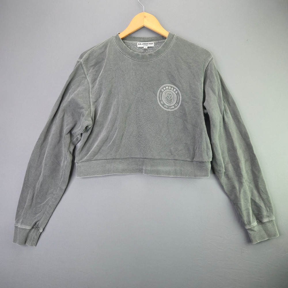 Sub_Urban Riot Sweatshirt Cropped Samsara Owl Graphic Small Gray Mineral Wash